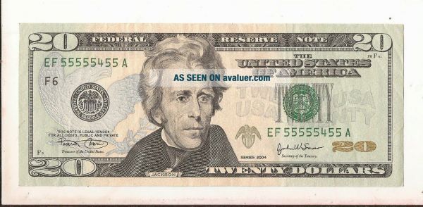 $20 TWENTY DOLLAR BILL NOTE FANCY SERIAL NUMBER 55555455 Rare | #30820451
