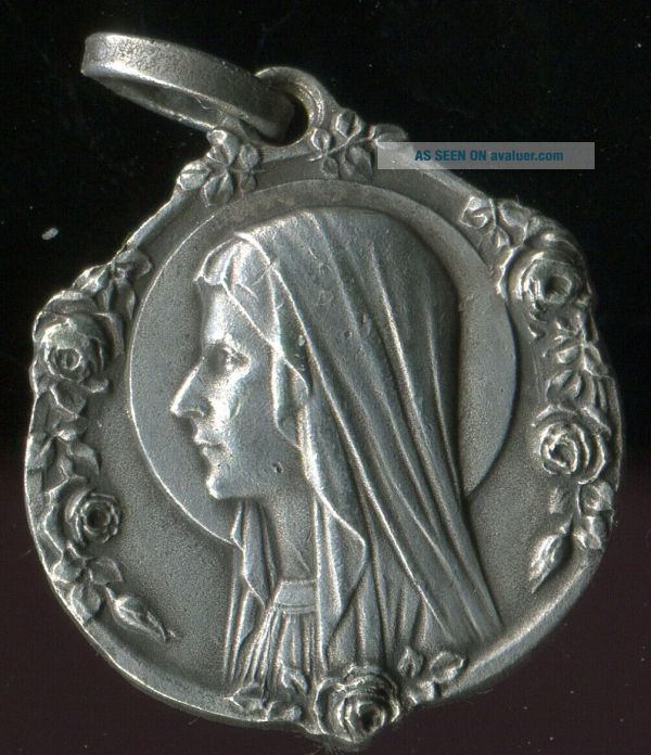 ANTIQUE SILVER PLATED MEDAL OF OUR LADY OF LOURDES WITH FLOWERS | #42542615